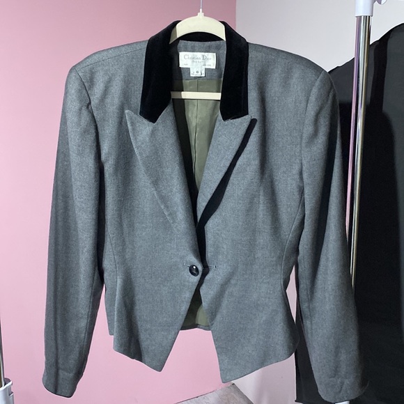 Vintage Christian Dior blazer 6 gray black velvet collar wool business corpcore - Picture 4 of 13